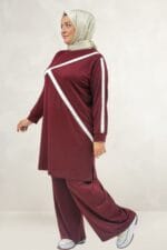 Büyük Beden Önü Ve Kolları Beyaz Şeritli Taşlı Modal Tunik - Bordo - 68099 - Görsel 3