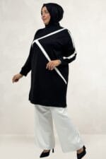 Büyük Beden Önü Ve Kolları Beyaz Şeritli Taşlı Modal Tunik - Siyah - 68099 - Görsel 4