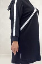 Büyük Beden Önü Ve Kolları Beyaz Şeritli Taşlı Modal Tunik - Siyah - 68099 - Görsel 3