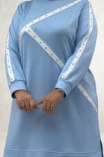 Büyük Beden Önü Ve Kolları Beyaz Şeritli Taşlı Modal Tunik - Bebe Mavi - 68099 - Görsel 2