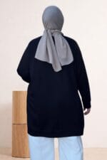 Büyük Beden Kendi Kumaşından Ribanalı Modal Tunik - Siyah - 68052 - Görsel 4