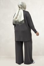 Büyük Beden Eteği Oval Kesim Modal Pantolonlu Takım - Antrasit - 67082 - Görsel 5