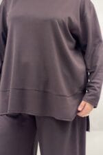 Büyük Beden Eteği Oval Kesim Modal Pantolonlu Takım - Kahve - 67082 - Görsel 2