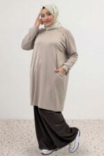 Büyük Beden Yanları Cepli Modal Tunik - Bej - 68105 - Görsel 3