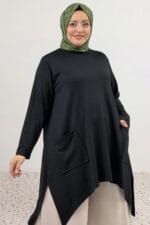 Büyük Beden Eteği Oval Kesim Modal Tunik - Siyah - 68086 - Görsel 2
