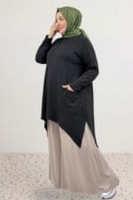 Büyük Beden Eteği Oval Kesim Modal Tunik - Siyah - 68086 - Görsel 3