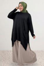 Büyük Beden Eteği Oval Kesim Modal Tunik - Siyah - 68086 - Görsel 4