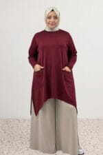 68086 Büyük Beden Eteği Oval Kesim Modal Tunik - Bordo
