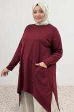 Büyük Beden Eteği Oval Kesim Modal Tunik - Bordo - 68086 - Görsel 2