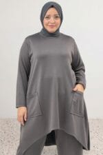 Büyük Beden Eteği Oval Kesim Modal Tunik - Antrasit - 68086 - Görsel 3