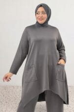 Büyük Beden Eteği Oval Kesim Modal Tunik - Antrasit - 68086 - Görsel 4
