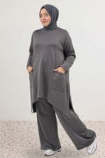 Büyük Beden Eteği Oval Kesim Modal Tunik - Antrasit - 68086 - Görsel 5