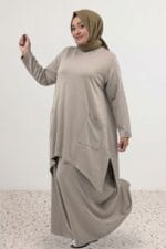 Büyük Beden Eteği Oval Kesim Modal Tunik - Bej - 68086 - Görsel 4
