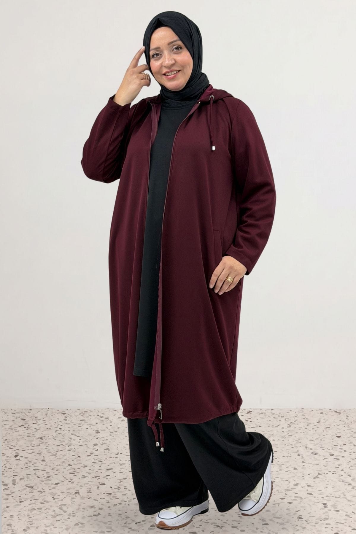 63028 Büyük Beden Boydan Fermuarlı Modal Ceket - Bordo 63028 Büyük Beden Boydan Fermuarlı Modal Ceket - Bordo
