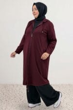 Büyük Beden Boydan Fermuarlı Modal Ceket - Bordo - 63028 - Görsel 2