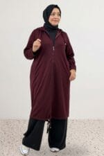 Büyük Beden Boydan Fermuarlı Modal Ceket - Bordo - 63028 - Görsel 3