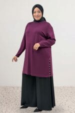 Büyük Beden Yan Yırtmaçları Beyoğlu Taşlı Modal Tunik - Mürdüm - 68104 - Görsel 3