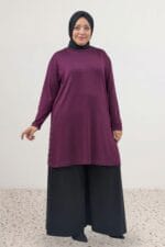 Büyük Beden Yan Yırtmaçları Beyoğlu Taşlı Modal Tunik - Mürdüm - 68104 - Görsel 4