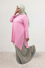 Büyük Beden Eteği Oval Kesim Modal Tunik - Pembe - 68106 - Görsel 3
