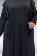Büyük Beden Omuzdan Aşağı Fırfır Detaylı Penye Elbise - Siyah - 62003 - Görsel 2
