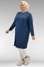 Büyük Beden Basic Penye Tunik - İndigo - 38501 - Görsel 5