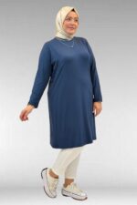38501 Büyük Beden Basic Penye Tunik - İndigo