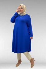 Büyük Beden Penye Mevlana Tunik - Saks - 28016 - Görsel 5