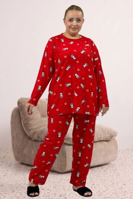 67810 Büyük Beden Uzunkol Desenli Süet Pantolonlu Pijama Takımı - Kırmızı Penguen Desenli