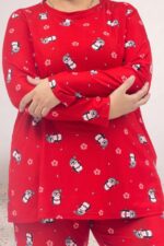Büyük Beden Uzunkol Desenli Süet Pantolonlu Pijama Takımı - Kırmızı Penguen Desenli - 67810 - Görsel 2