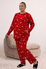 Büyük Beden Uzunkol Desenli Süet Pantolonlu Pijama Takımı - Kırmızı Penguen Desenli - 67810 - Görsel 4