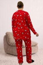 Büyük Beden Uzunkol Desenli Süet Pantolonlu Pijama Takımı - Kırmızı Penguen Desenli - 67810 - Görsel 5