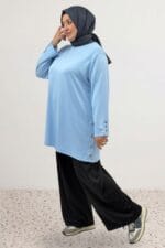 Büyük Beden Kol Ve Yanları Kuşgözü Detaylı Modal Tunik - Bebe Mavi - 68107 - Görsel 3