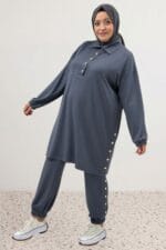 Büyük Beden Paça Ve Yakası Çıtçıt Detaylı Modal Pantolonlu Takım - Antrasit - 67078 - Görsel 3