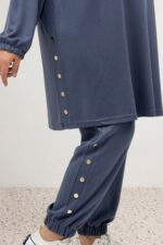 Büyük Beden Paça Ve Yakası Çıtçıt Detaylı Modal Pantolonlu Takım - Antrasit - 67078 - Görsel 2