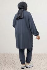 Büyük Beden Paça Ve Yakası Çıtçıt Detaylı Modal Pantolonlu Takım - Antrasit - 67078 - Görsel 5