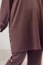Büyük Beden Paça Ve Yakası Çıtçıt Detaylı Modal Pantolonlu Takım - Kahve - 67078 - Görsel 3
