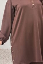Büyük Beden Paça Ve Yakası Çıtçıt Detaylı Modal Pantolonlu Takım - Kahve - 67078 - Görsel 2