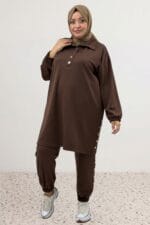 Büyük Beden Paça Ve Yakası Çıtçıt Detaylı Modal Pantolonlu Takım - Kahve - 67078 - Görsel 4