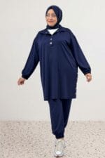 Büyük Beden Paça Ve Yakası Çıtçıt Detaylı Modal Pantolonlu Takım - Lacivert - 67078 - Görsel 3