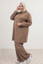 Büyük Bedendüğme Detaylı Modal Pantolonlu Takım - Vizon - 67079 - Görsel 4
