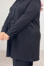 Büyük Bedendüğme Detaylı Modal Pantolonlu Takım - Siyah - 67079 - Görsel 2