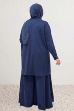 Büyük Beden Etek Ucu Kuş Gözü Ve Biye Detaylı Modal Pantolonlu Takım - Lacivert - 67083 - Görsel 5