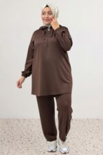 Büyük Beden Pantolon Paçası Düğme Detaylı Düşük Kol Modal Takım - Kahve - 67081 - Görsel 4