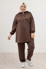 Büyük Beden Pantolon Paçası Düğme Detaylı Düşük Kol Modal Takım - Kahve - 67081 - Görsel 5