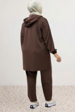 Büyük Beden Pantolon Paçası Düğme Detaylı Düşük Kol Modal Takım - Kahve - 67081 - Görsel 7