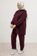 Büyük Beden Pantolon Paçası Düğme Detaylı Düşük Kol Modal Takım - Bordo - 67081 - Görsel 4