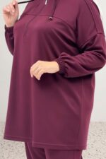Büyük Beden Pantolon Paçası Düğme Detaylı Düşük Kol Modal Takım - Bordo - 67081 - Görsel 2