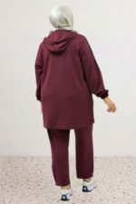 Büyük Beden Pantolon Paçası Düğme Detaylı Düşük Kol Modal Takım - Bordo - 67081 - Görsel 7