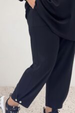 Büyük Beden Pantolon Paçası Düğme Detaylı Düşük Kol Modal Takım - Siyah - 67081 - Görsel 5