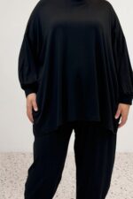 Büyük Beden Düşük Kol Penye Pantolonlu Takım - Siyah - 67037 - Görsel 2